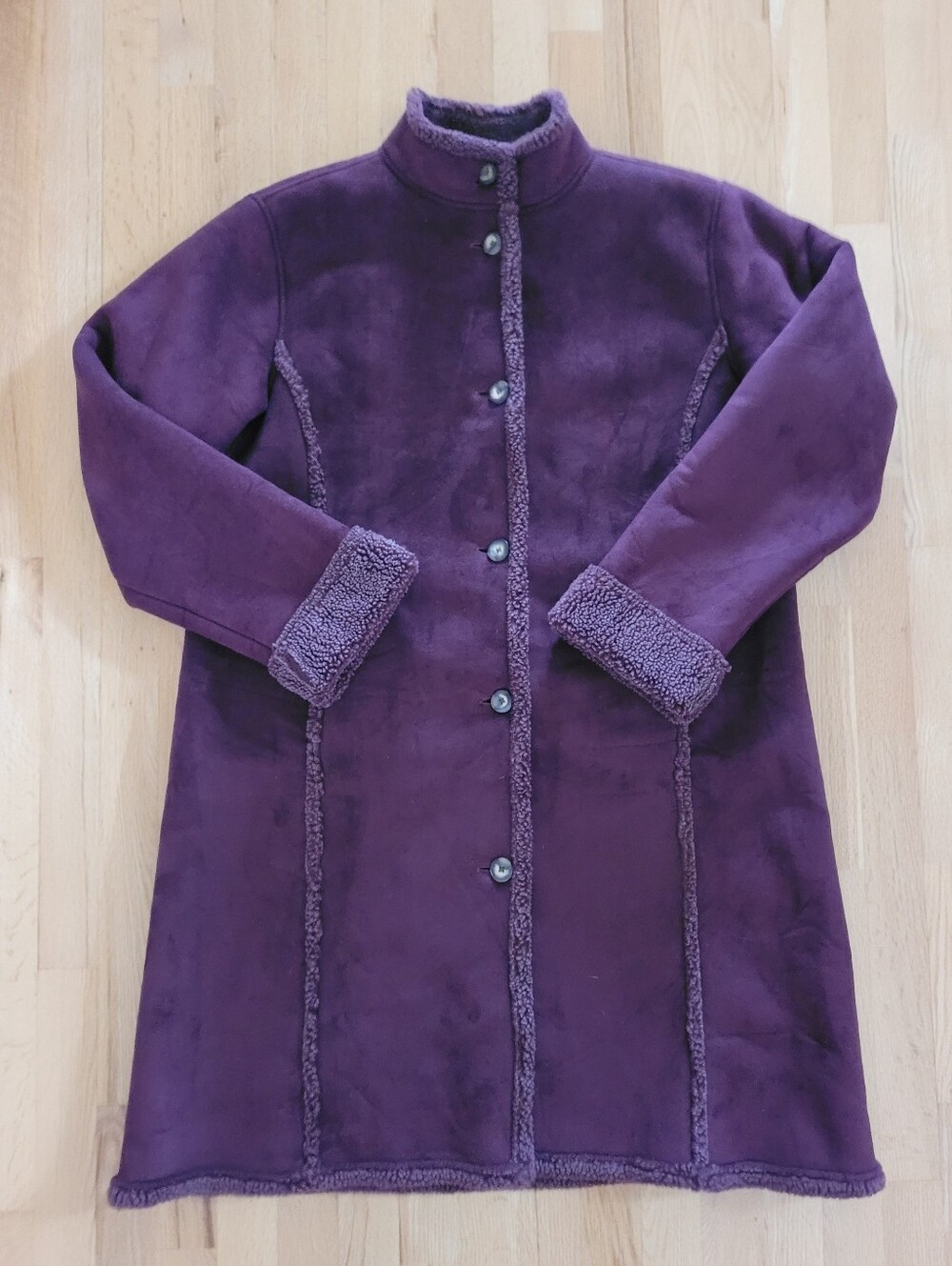 L.L. BEAN FAUX SUEDE JACKET FULL LENGTH SHERPA LINED BUTTON FRONT PLUM LARGE